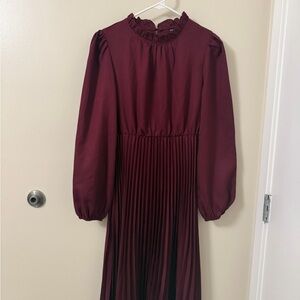 SHEIN Burgundy Long Sleeve Pleated Dress
